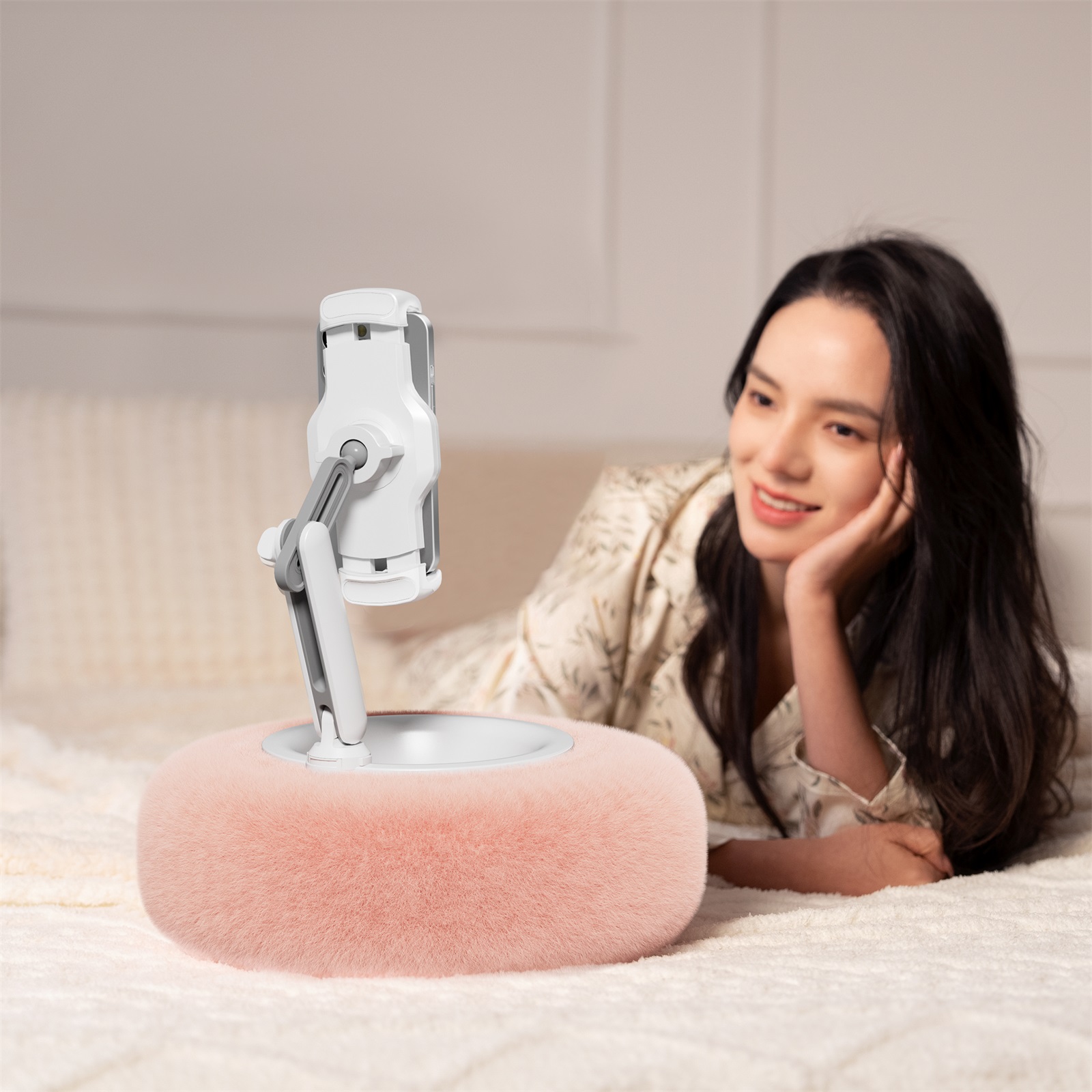Viozon iPad Stand Pillow, 360° Adjustable Phone Holder, Soft Plush Fabric, and Detachable Bowl